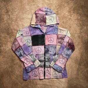 Vintage Y2K Patchwork Peace Sign Zip Up Jacket Hoodie Multicolor Pastel Tie Dye